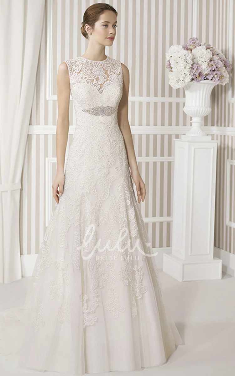 Jewel Lace A-Line Wedding Dress with Keyhole Back and Waist Jewelry Elegant Wedding Dress