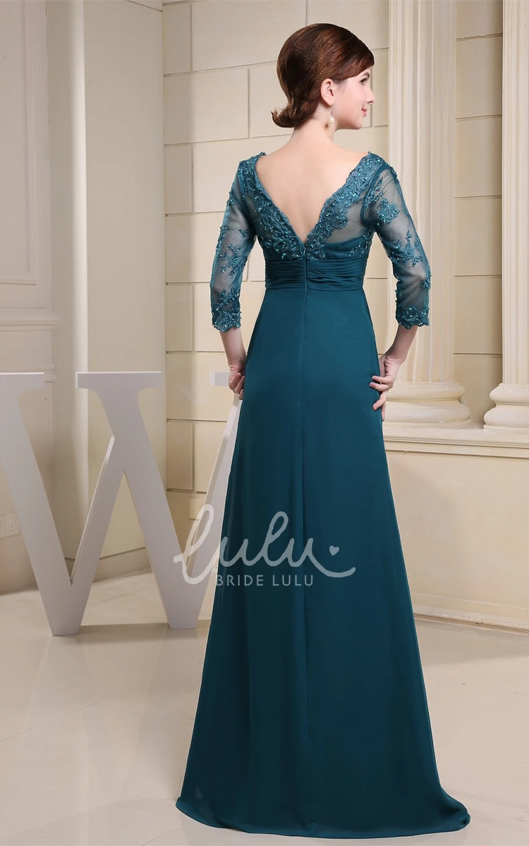 Empire Floor-Length Formal Dress with V-Neck Appliques and Illusion Sleeves