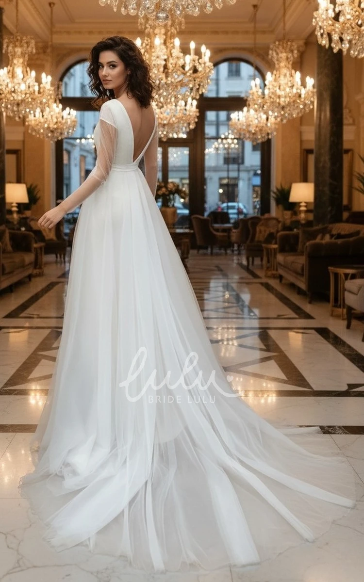 A Line Plunging V-Neck Summer Wedding Dress Long Sleeve Tulle Train Gown with Slit & Sash