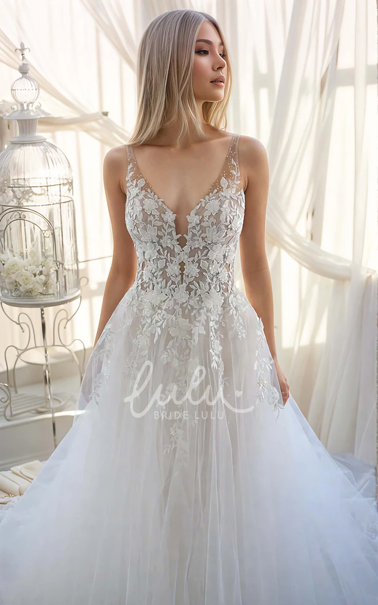 Plunging Neckline Lace Appliques Bohemian Tulle A-Line Straps Ethereal Plus Size Floor-length Garden Sleeveless Button V Back Bridal Wedding Gown with Train