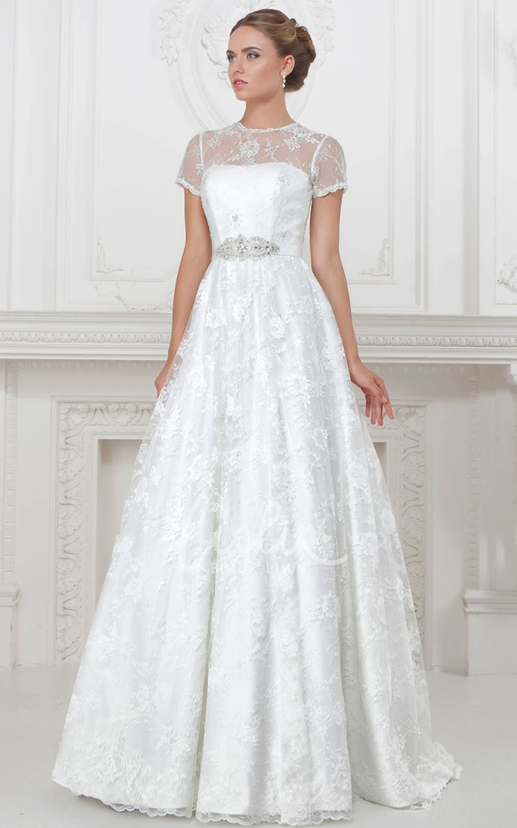 High-Neck Lace and Satin Short-Sleeve A-Line Wedding Dress with Waist Jewelry