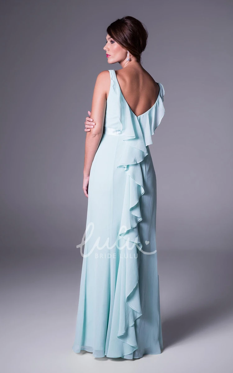 Long Sleeveless V-Neck Chiffon Bridesmaid Dress with Ruching and V Back