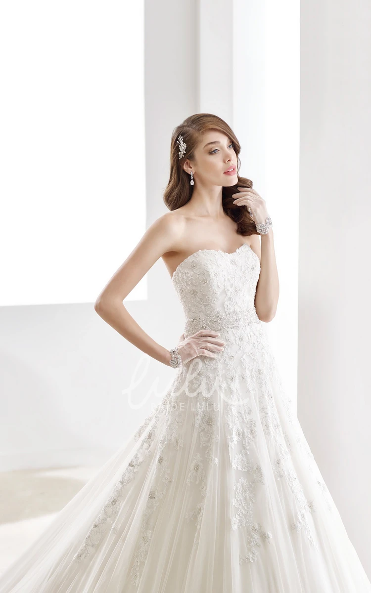 A-line Appliques Strapless Wedding Gown with Brush Train and Crystal Waist Simple Wedding Dress Women's Elegant