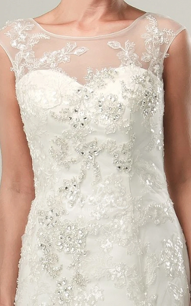 Beaded Tulle Wedding Dress with Cap-Sleeves & Appliques A-Line Style