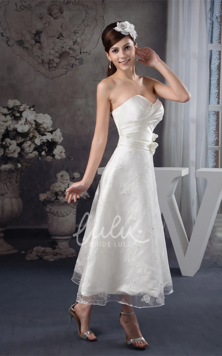 Satin Lace Tea-Length Formal Dress with Sweetheart Neckline and Floral Embellishments