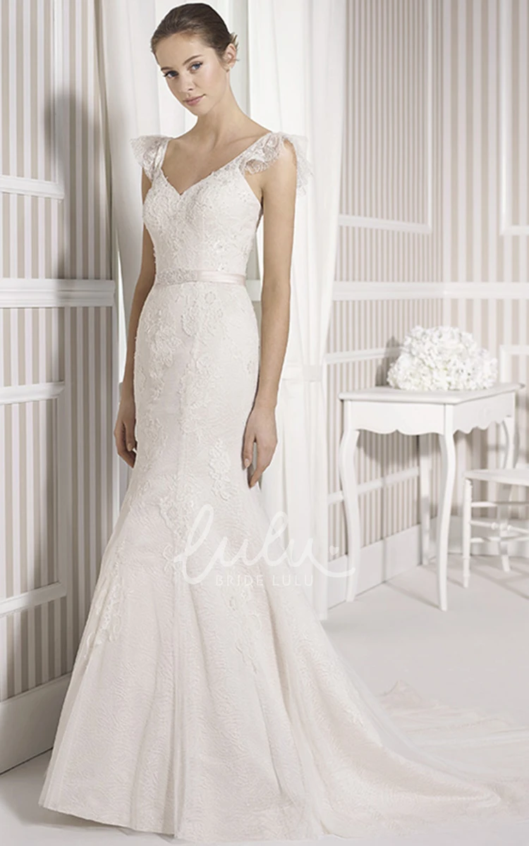 Sheath V-Neck Wedding Dress with Poet Sleeves and Court Train Modern Wedding Dress