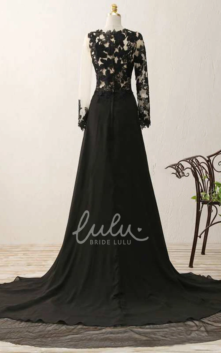 Long Sleeve Illusion Lace A-line Formal Dress with Chiffon Skirt