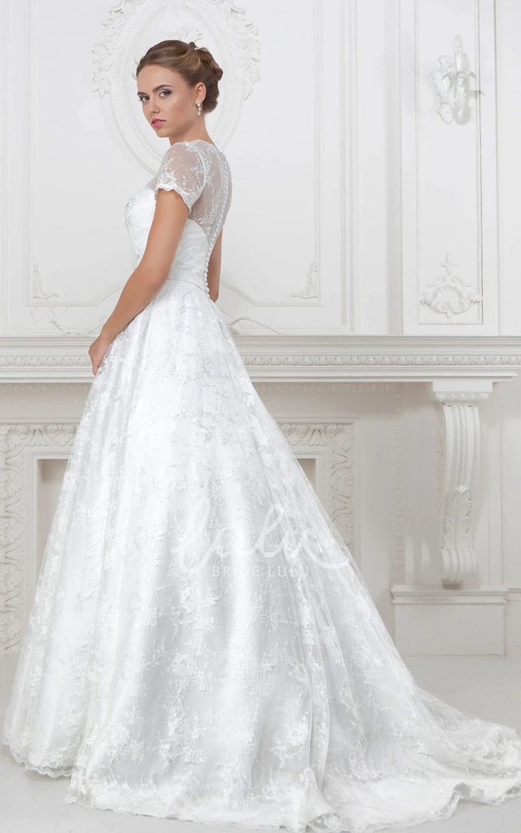 High-Neck Lace and Satin Short-Sleeve A-Line Wedding Dress with Waist Jewelry