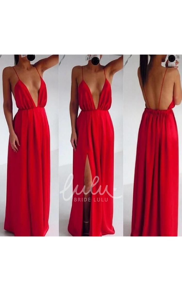 Long Red Prom Dress with Deep V-Neck and Sexy Spaghetti Straps