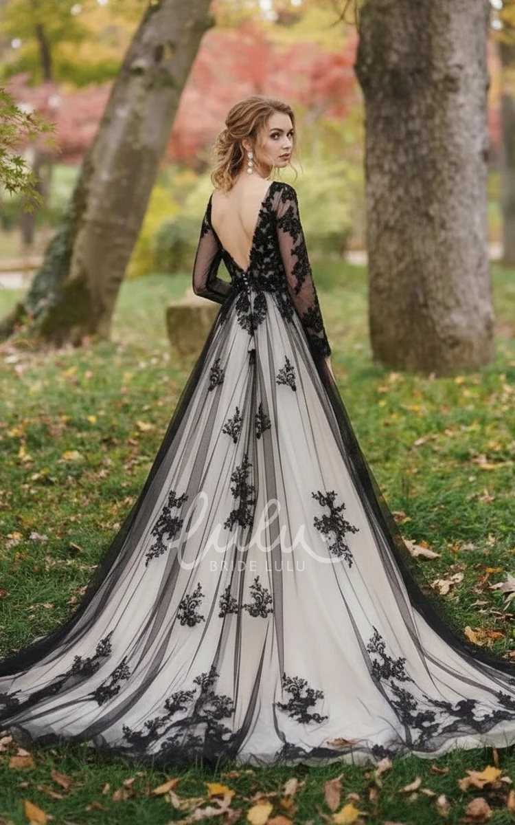 A-line Sexy Deep-V Open Back Elegant Long Sleeve Black Tulle Lace Applique Garden Court Train Wedding Gown