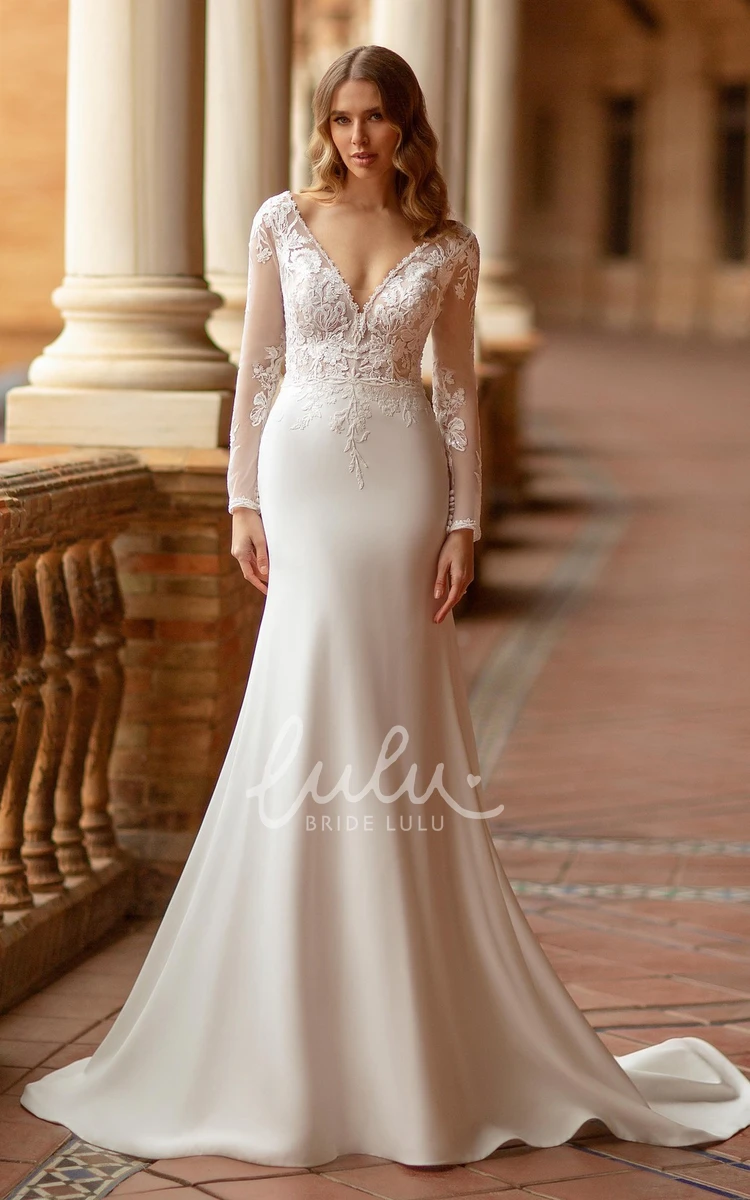 Elegant Court Trailing Deep V-Neck Lace Satin Long Sleeve Mermaid Wedding Gown with Embroidery