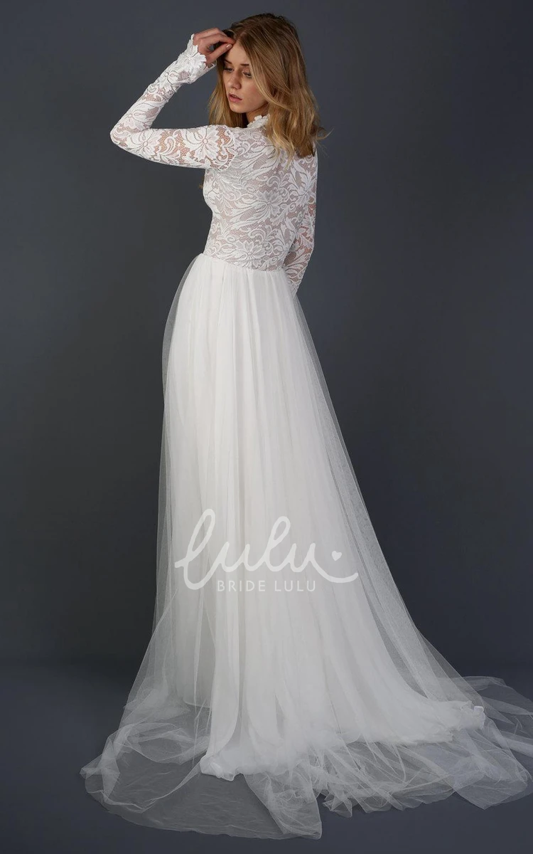 Lace Chiffon Tulle Wedding Dress with Long Sleeves
