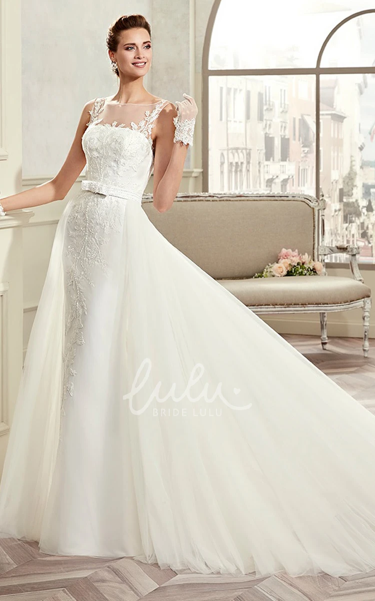 Lace A-Line Wedding Dress with Cap Sleeves and Brush Train Illusive Design