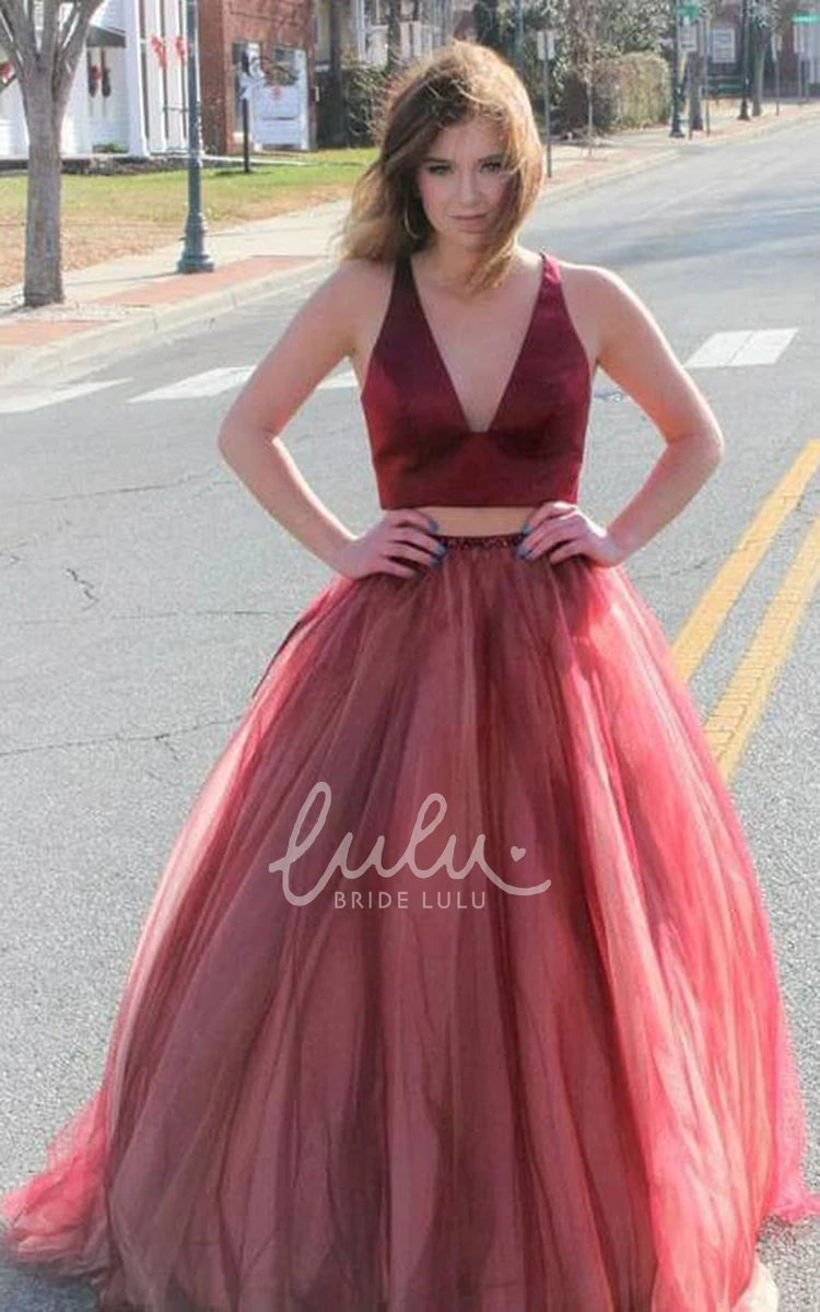 Two Piece Tulle Sleeveless Floor-length Formal Dress with Bow Modern & Unique Formal Dress