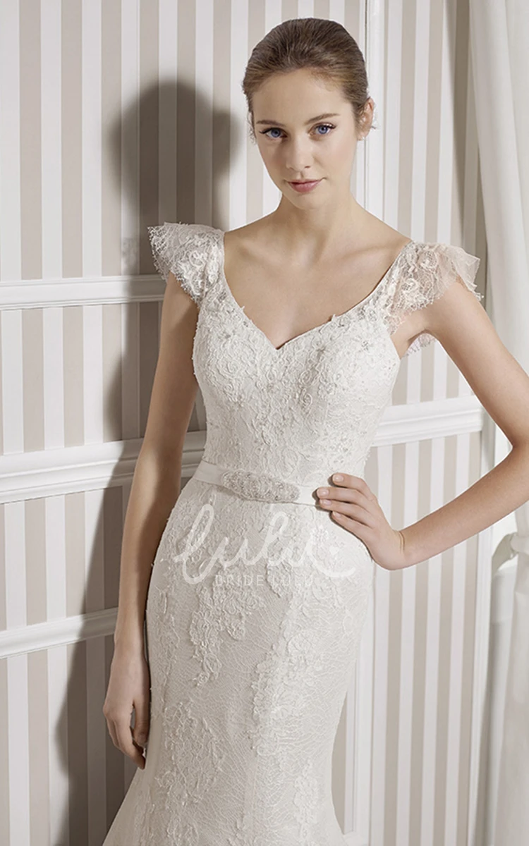 Sheath V-Neck Wedding Dress with Poet Sleeves and Court Train Modern Wedding Dress