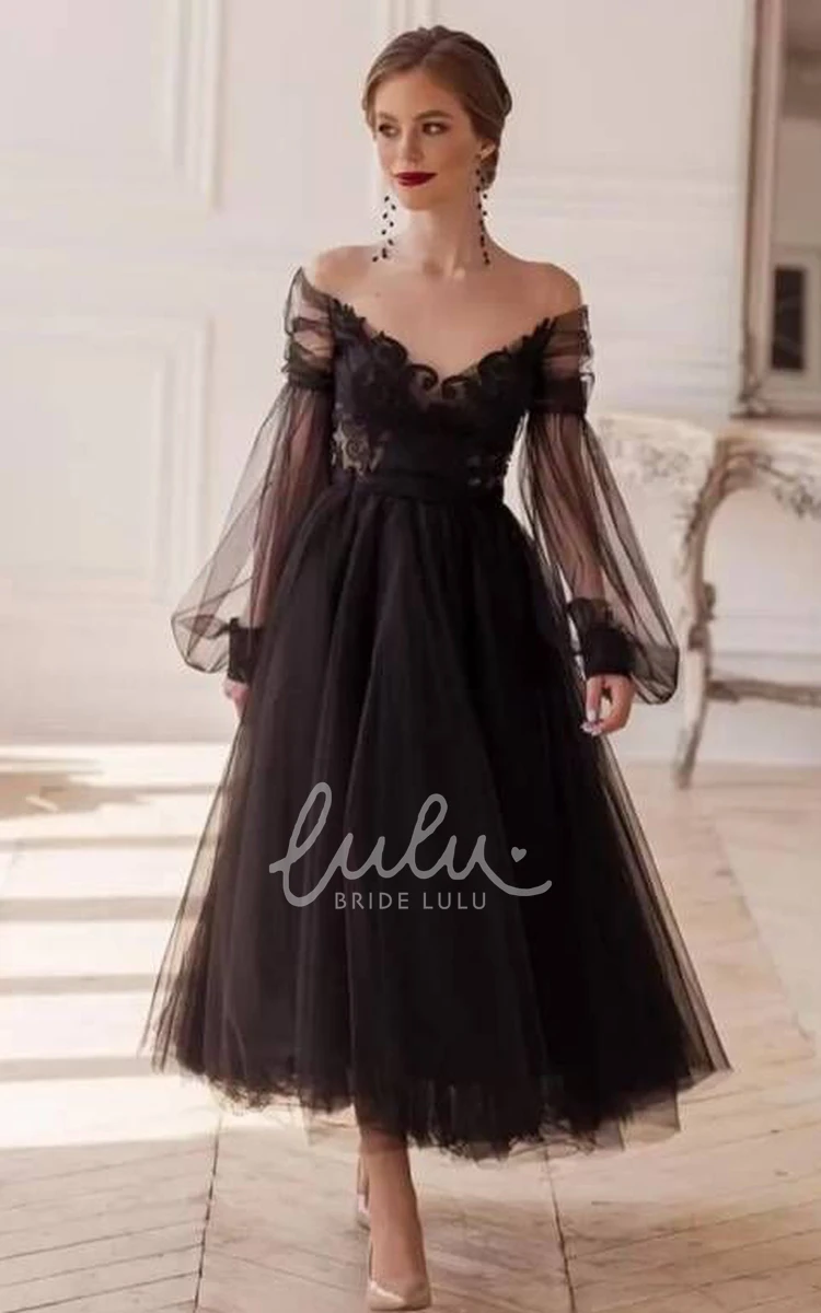 A Line Tulle Long Sleeve Cocktail Dress with Appliques Elegant Formal Dress
