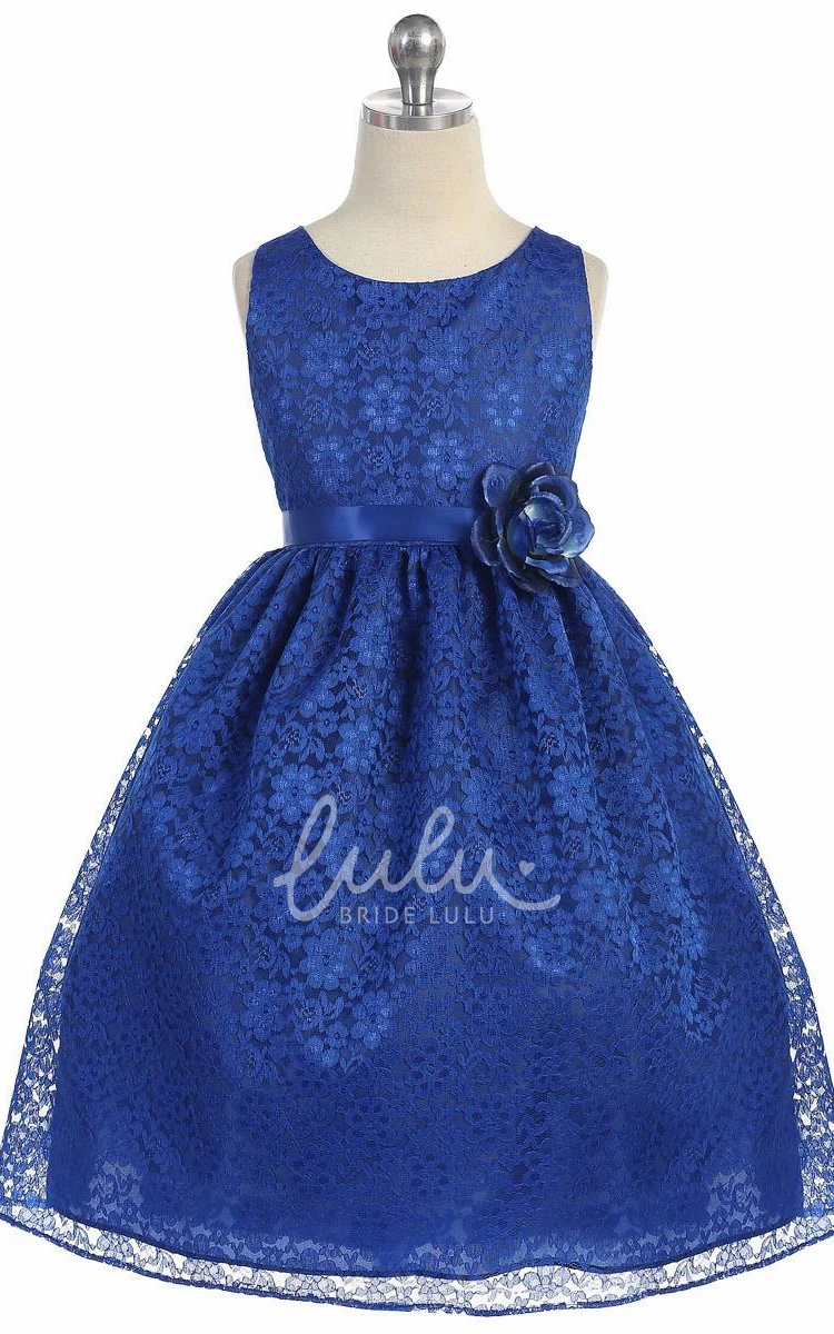 Lace Tea-Length Tiered Floral Flower Girl Dress
