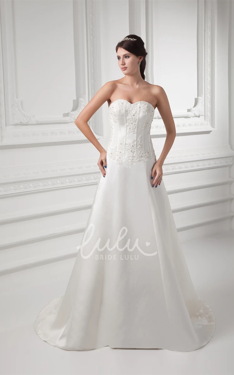 Appliqued Sweetheart Satin A-Line Wedding Gown Classy Bridal Dress Women