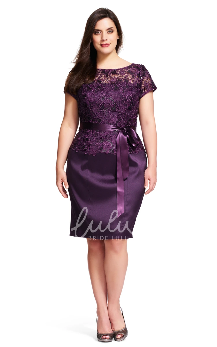 Lace Split Scoop-Neck Plus Size Bridesmaid Dress with Ribbon Floor-Length Pencil Dress