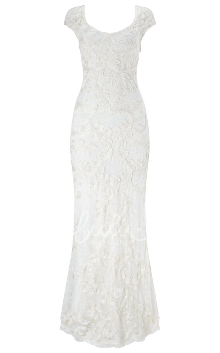 Embroidered Lace Wedding Dress Sheath Cap-Sleeve V-Neck