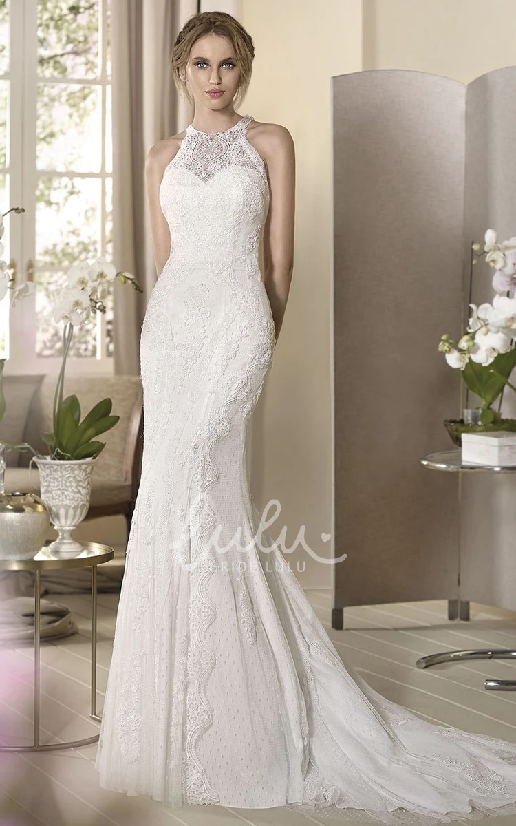 High-Neck Lace Appliqued Sleeveless Sheath Wedding Dress Classy Bridal Gown