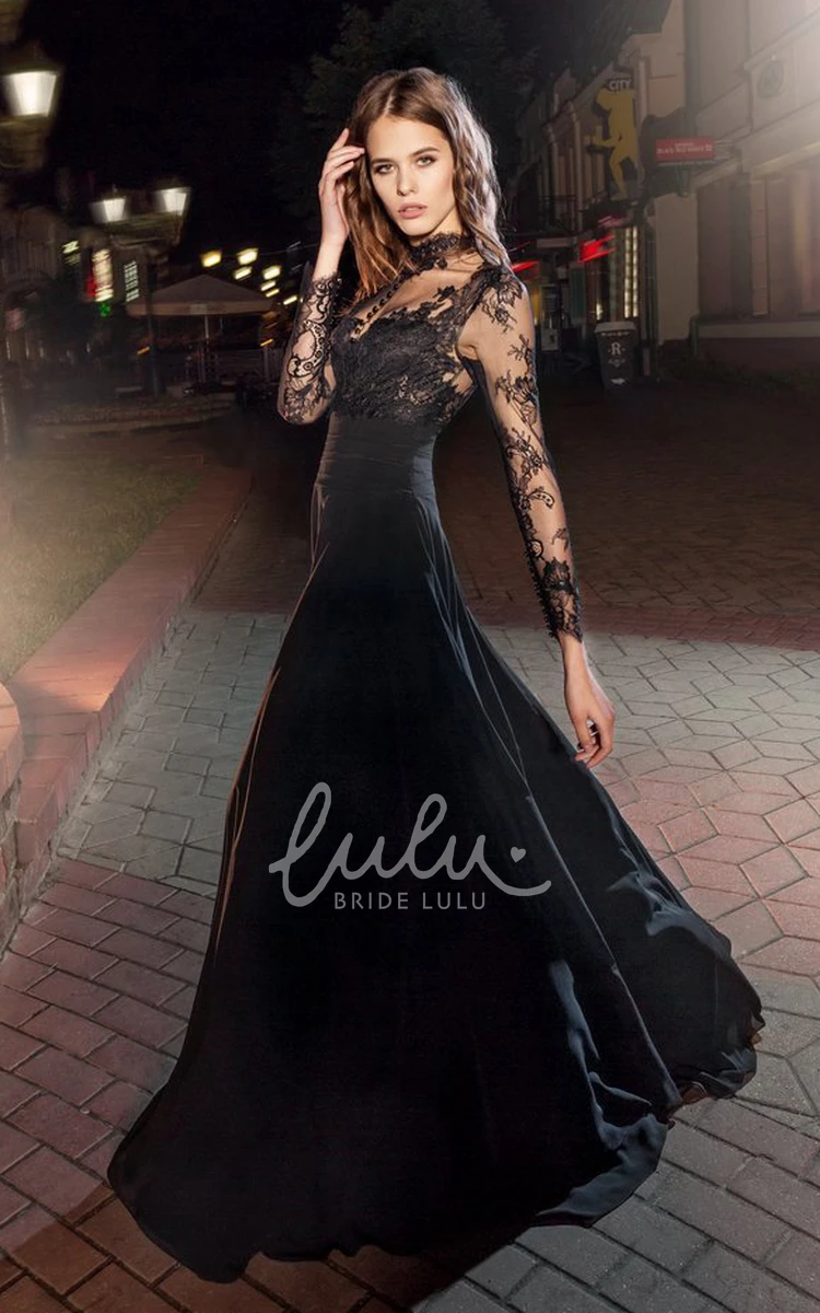 Lace Chiffon Illusion A-Line Formal Dress with High Neck and Long Sleeves