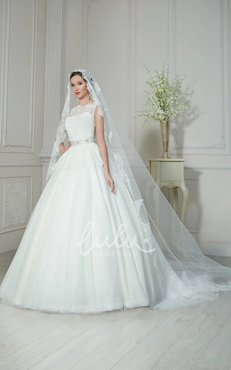 A-Line Tulle Sequin Beaded Wedding Dress with Illusion Neckline