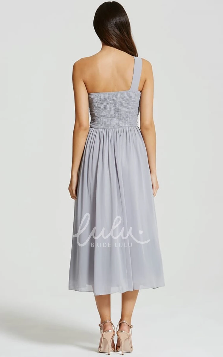 Ruched One-Shoulder Chiffon Bridesmaid Dress Tea-Length