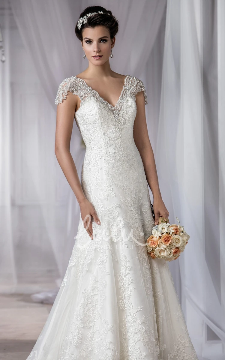 V-Neck Cap-Sleeved Wedding Dress with Appliques and Scoop Back