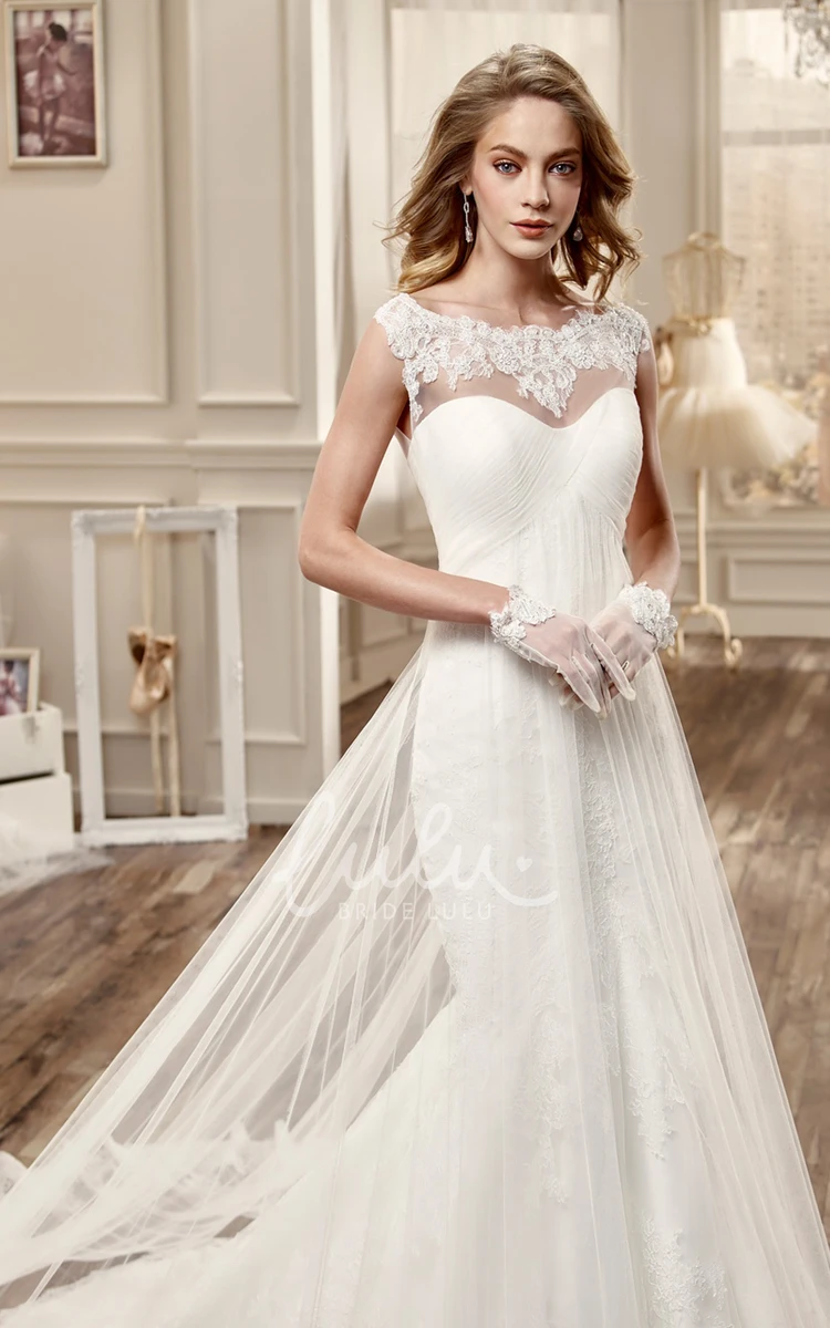 Pleated Bodice Long Wedding Dress with Invert-V Waist and Cap Sleeves Modern Bridal Gown