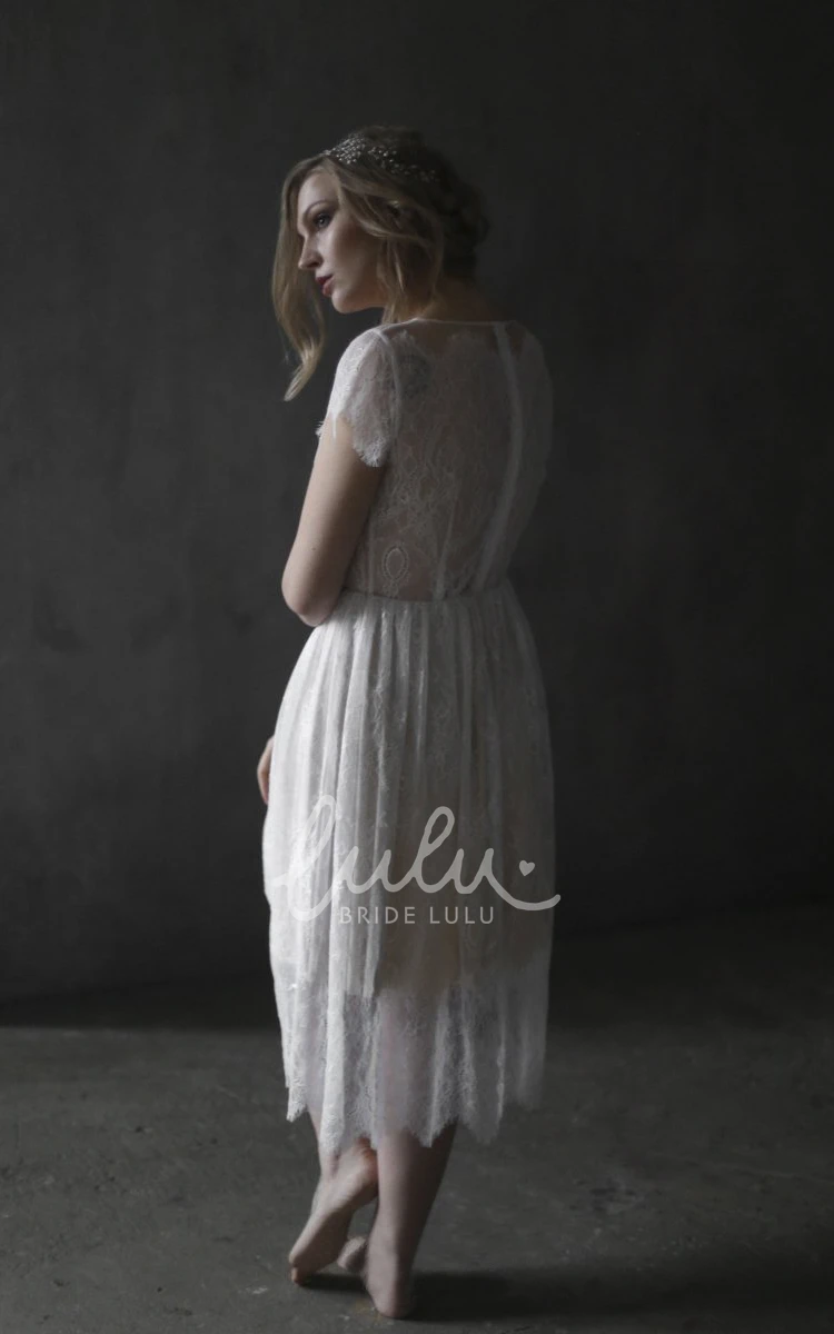 Bohemian Lace Tea-length Wedding Dress with Zipper Simple Lace Tea-length Wedding Dress