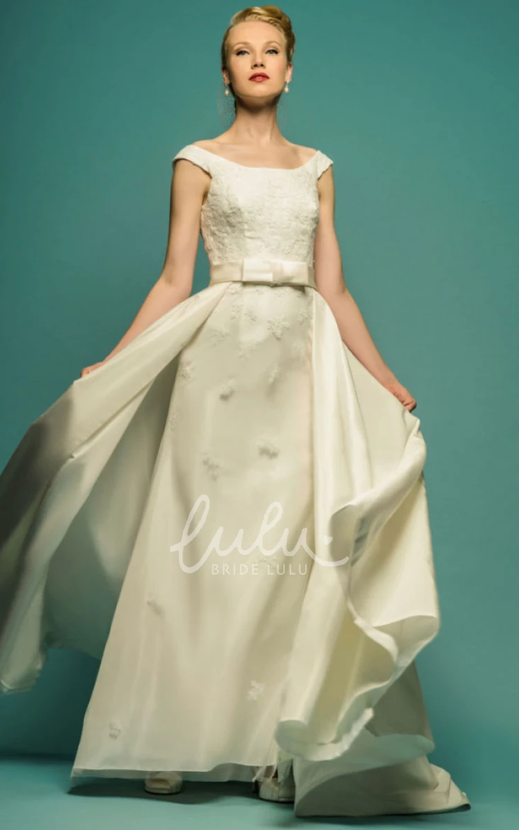 Satin Square-Neck Long Bow Wedding Dress with Appliques