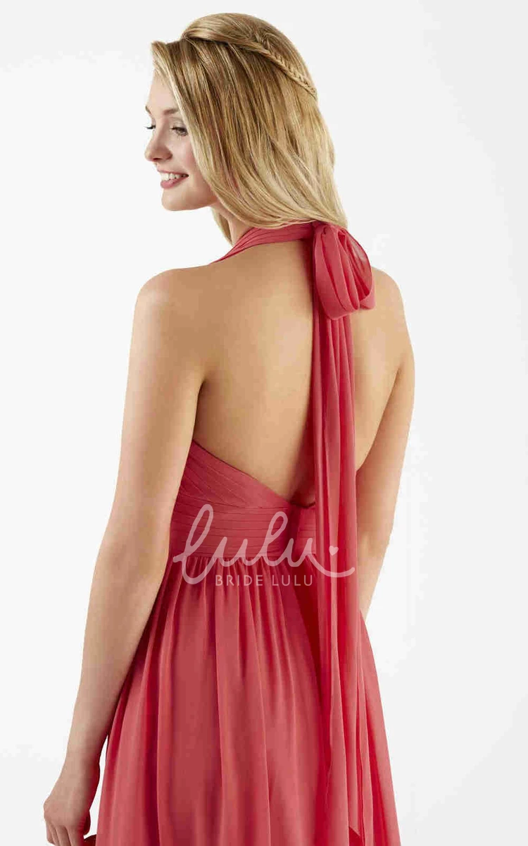 Halter Chiffon Bridesmaid Dress with V Back Ruched Long Elegant