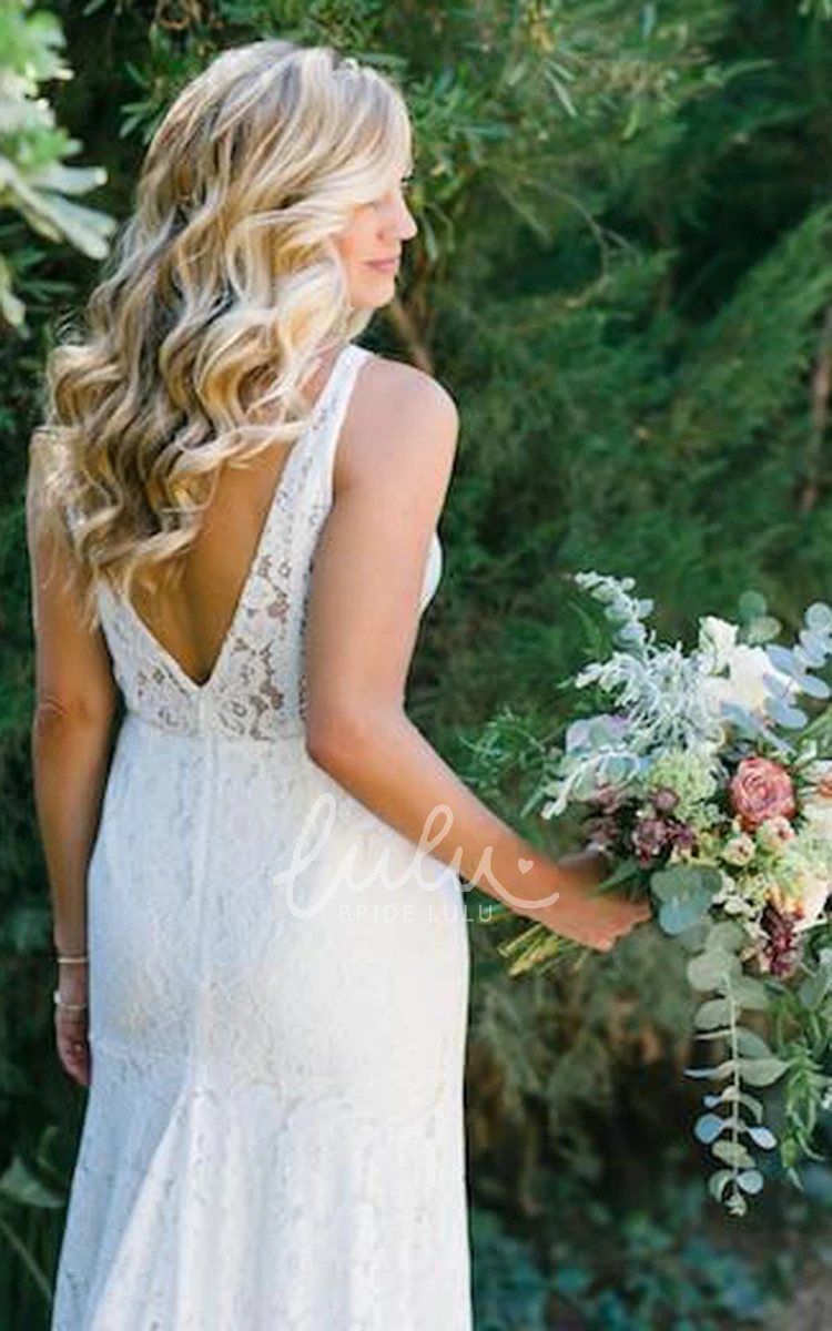 Sleeveless Lace Vintage Illusion Sheath Wedding Dress with Low-V Back and Split Front Vintage Wedding Dress