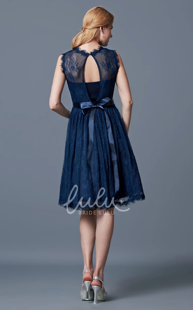 Knee Length Lace Bridesmaid Dress with Keyhole Back High Neck A-Line