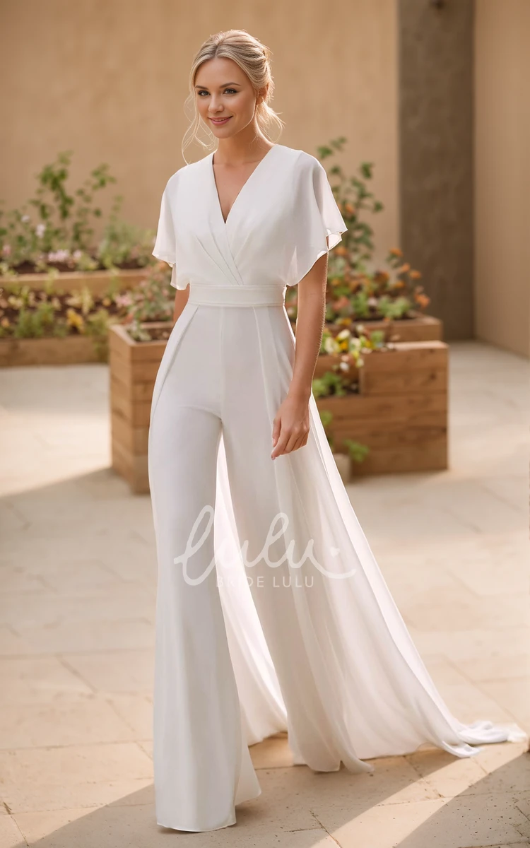 Minimalist Simple Short Bell Sleeve V-Neck Jumpsuit Sheath Wedding Dress Classic Flowy Floor Length Maxi Sweep Train Reception Bridal Gown