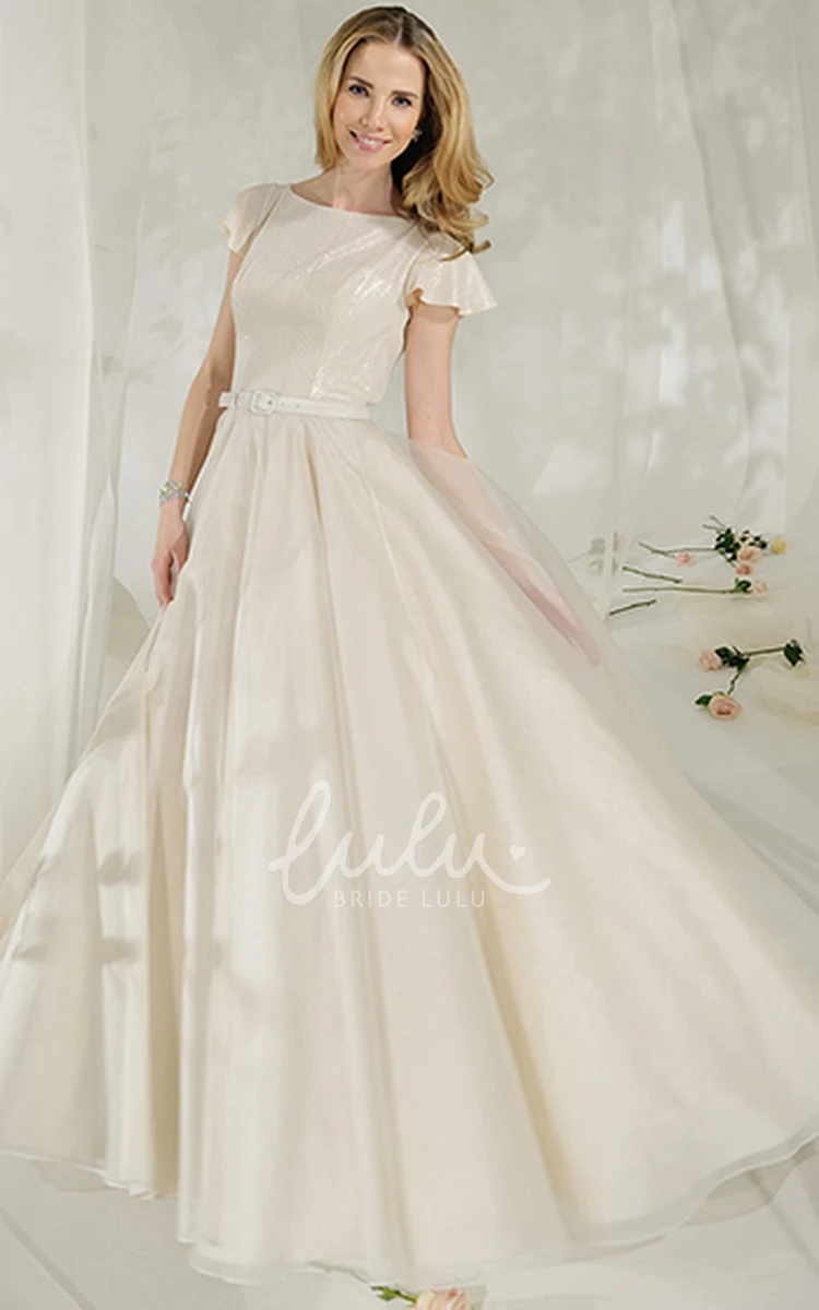 Jewel-Neck Tulle&Satin A-Line Wedding Dress with Poet Sleeves