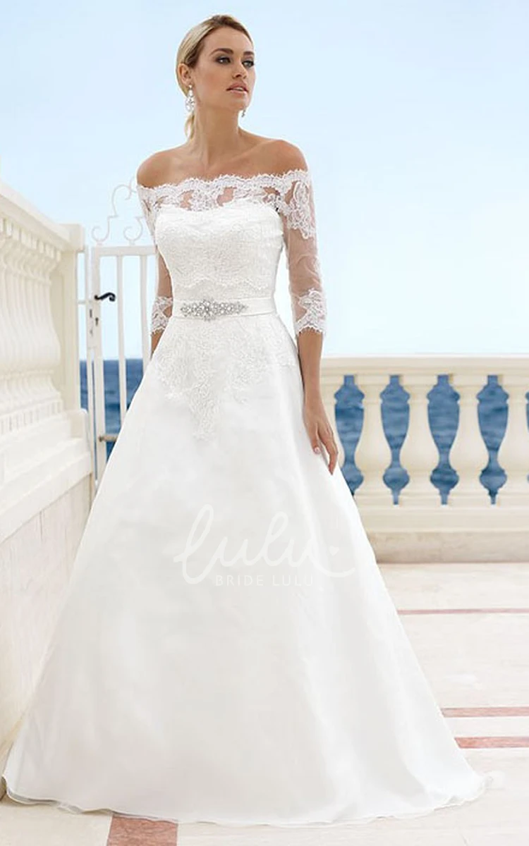Off-The-Shoulder Satin Wedding Dress with Appliques and 3/4 Sleeves