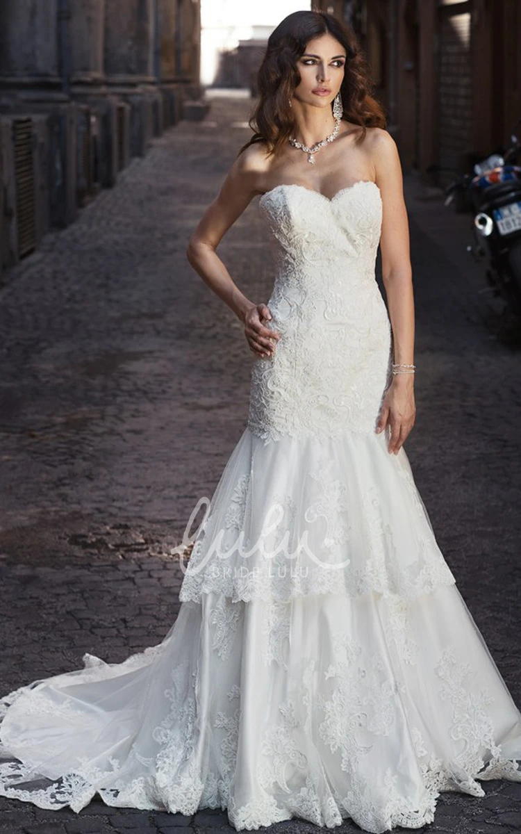 A-Line Lace Sweetheart Wedding Dress with Tiers Sleeveless Floor-Length