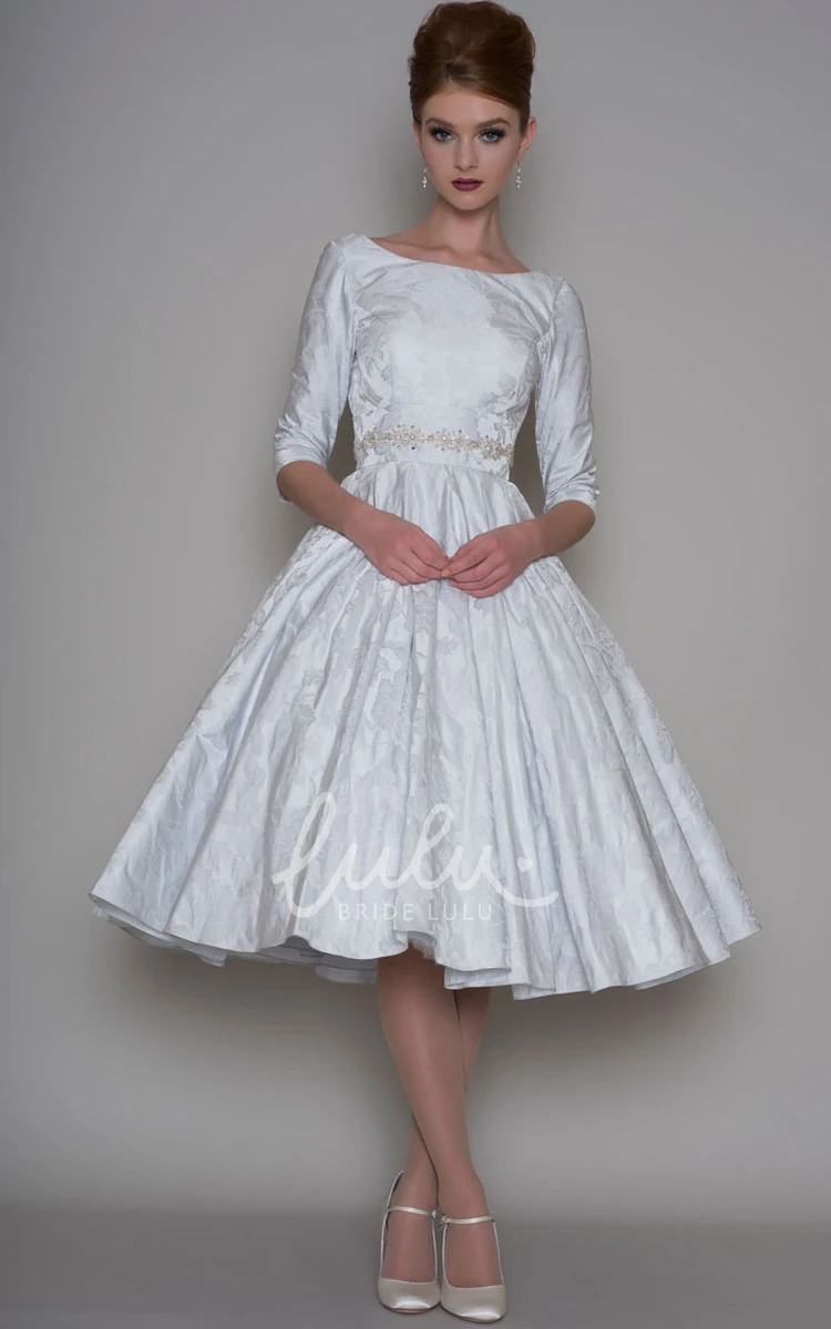 Satin Jeweled Bateau Neck A-Line Tea-Length Wedding Dress