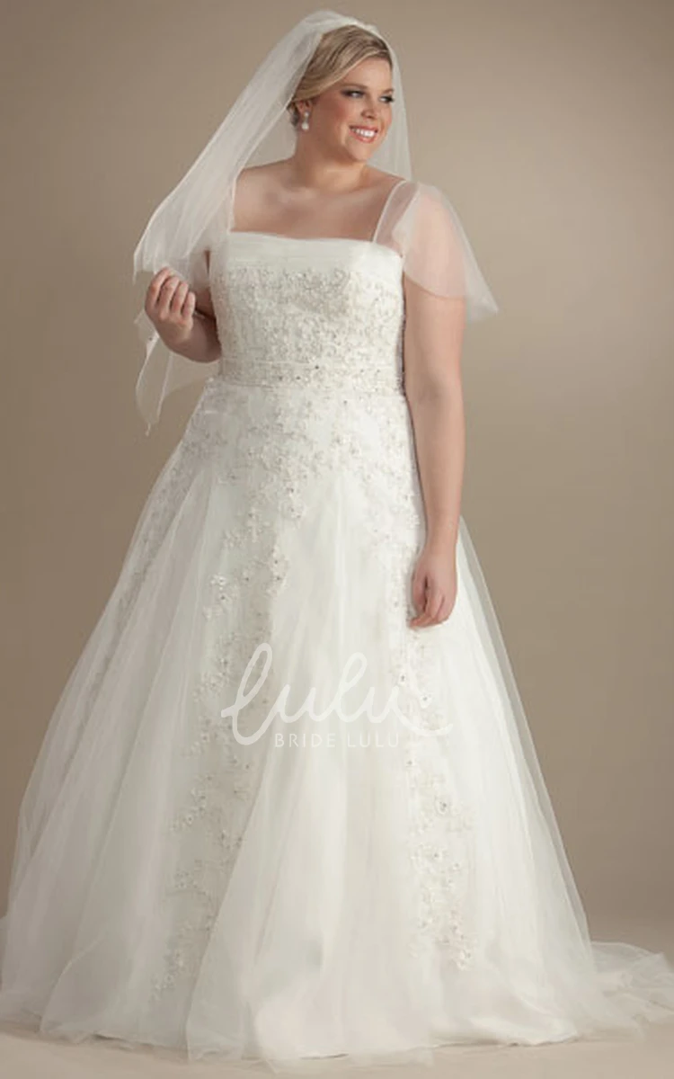 Tulle Appliqued Poet-Sleeve Ball Gown Plus Size Wedding Dress with Beading