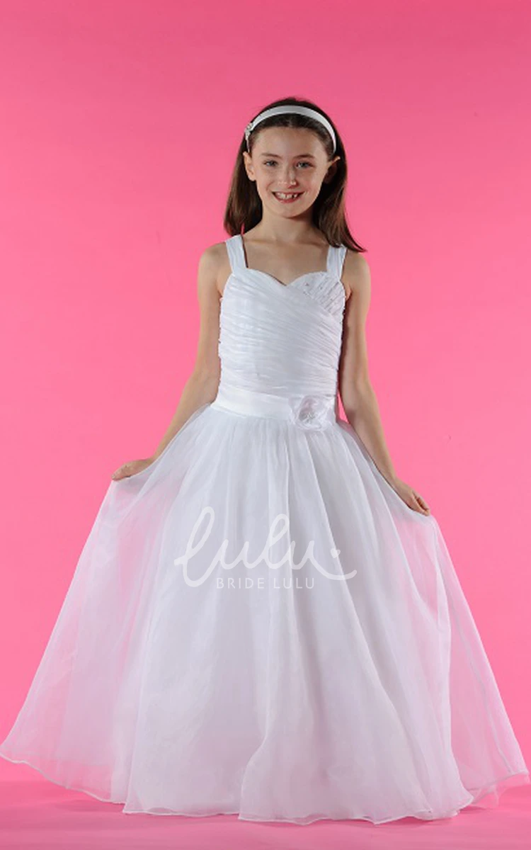 Organza Long Dress with Double Straps and Pearls Flower Girl Formal Dress