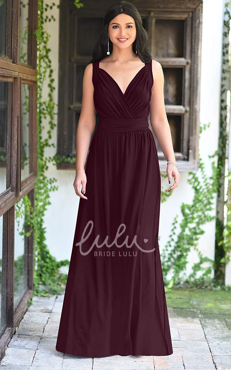 Chiffon V-neck A-line Bridesmaid Dress with Ruching Casual Floor-length