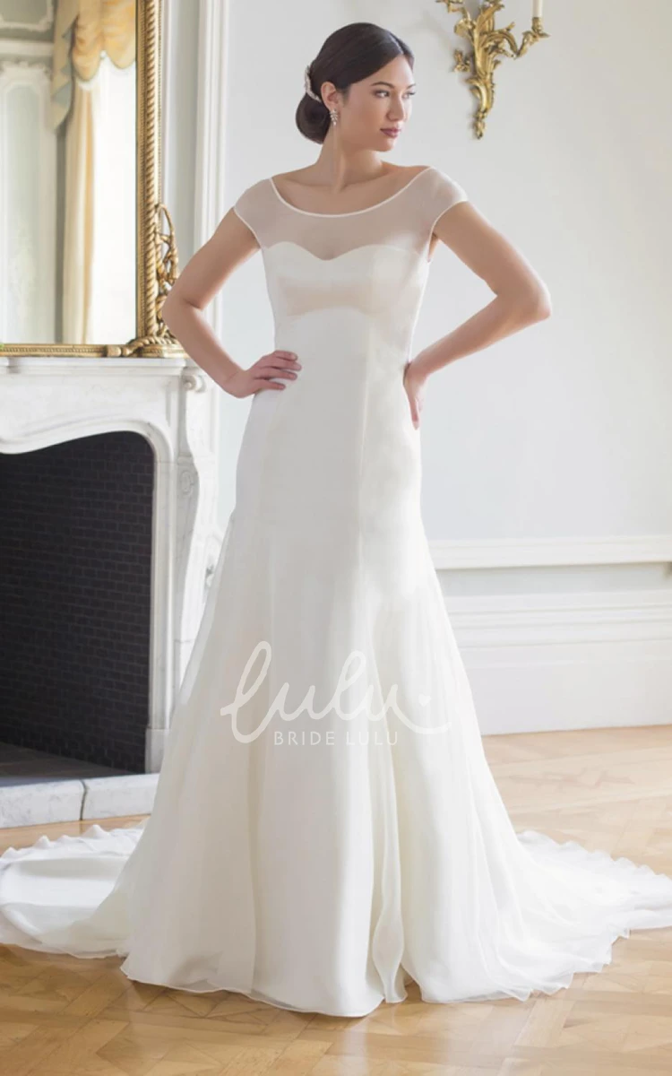 Tulle&Satin A-Line Wedding Dress with Short Sleeves Chic Bridal Gown