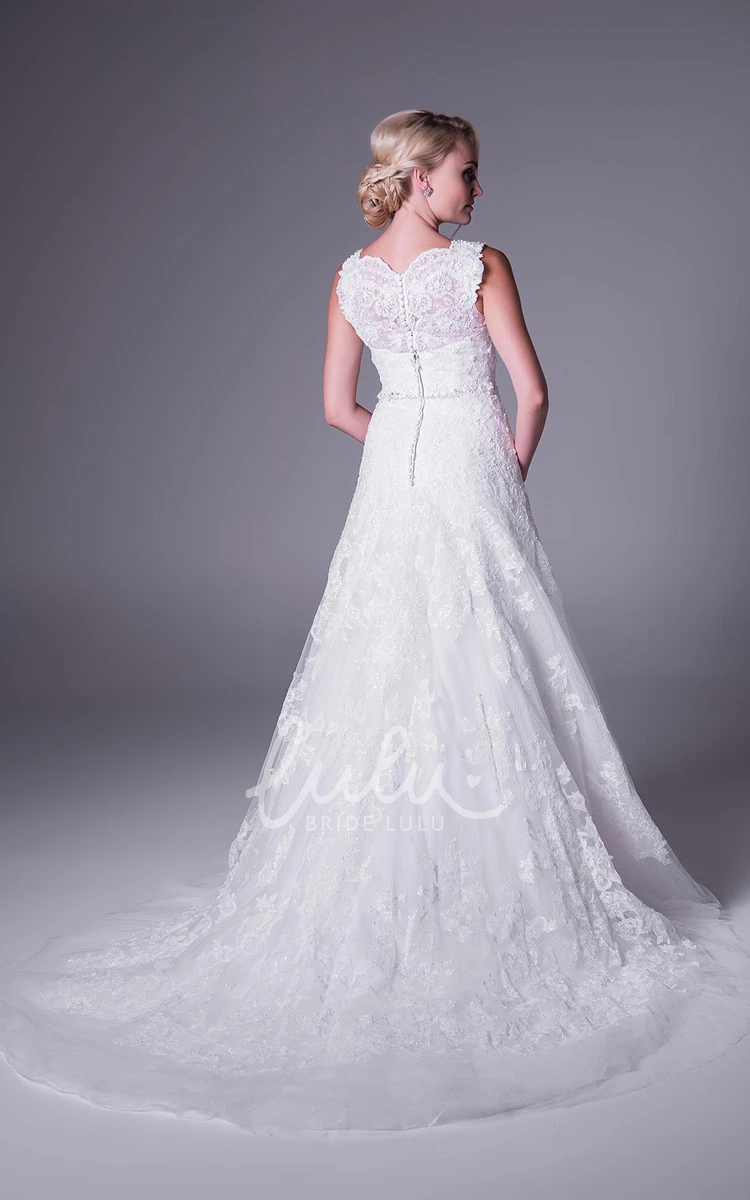 Lace A-Line Wedding Dress with Appliques Sleeveless V-Neck Waist Jewelry