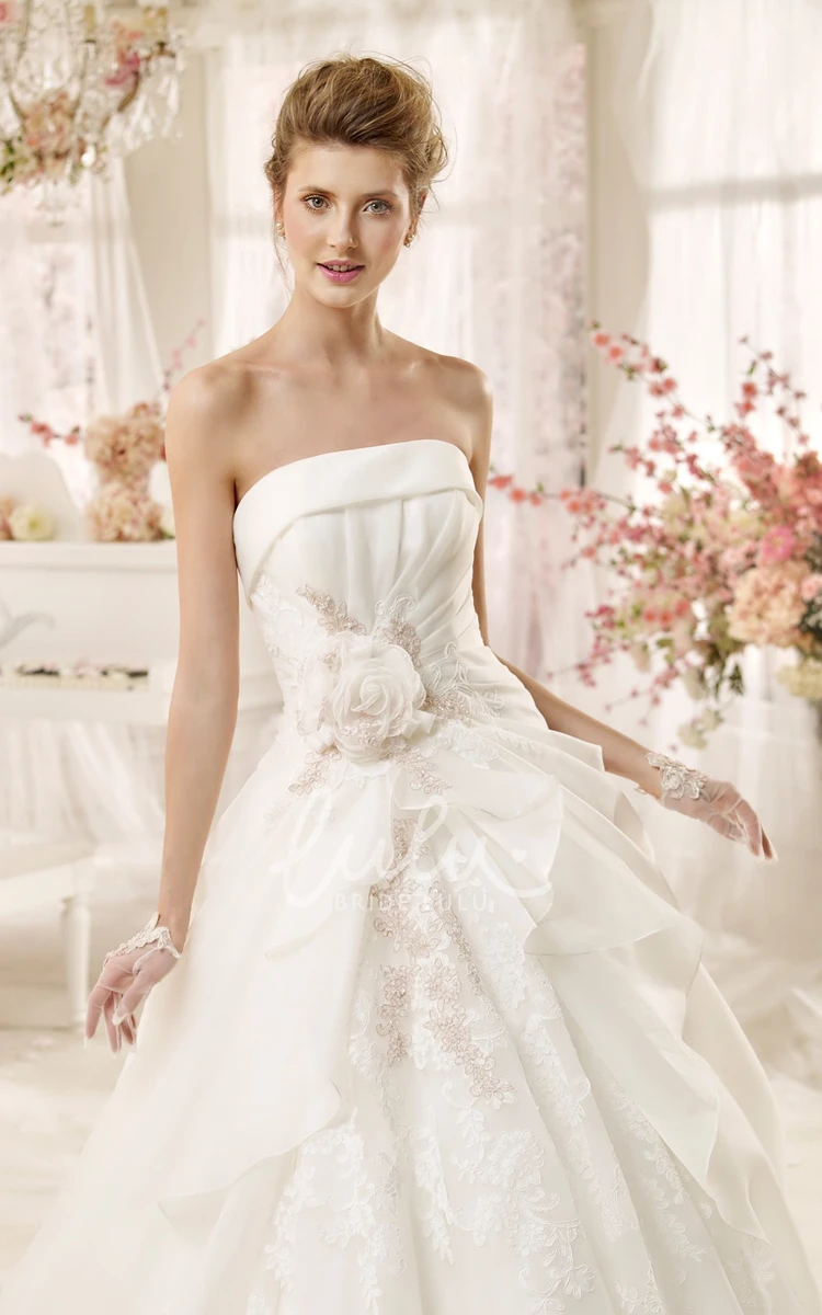 A-line Wedding Dress with Pleated Bodice & Floral Accents Elegant Bridal Gown