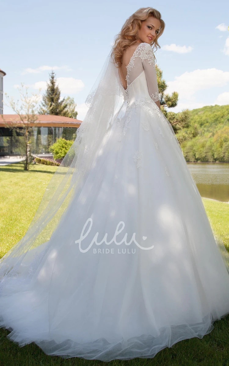 Appliqued Tulle Ball Gown Wedding Dress With Illusion Neckline and Sleeves