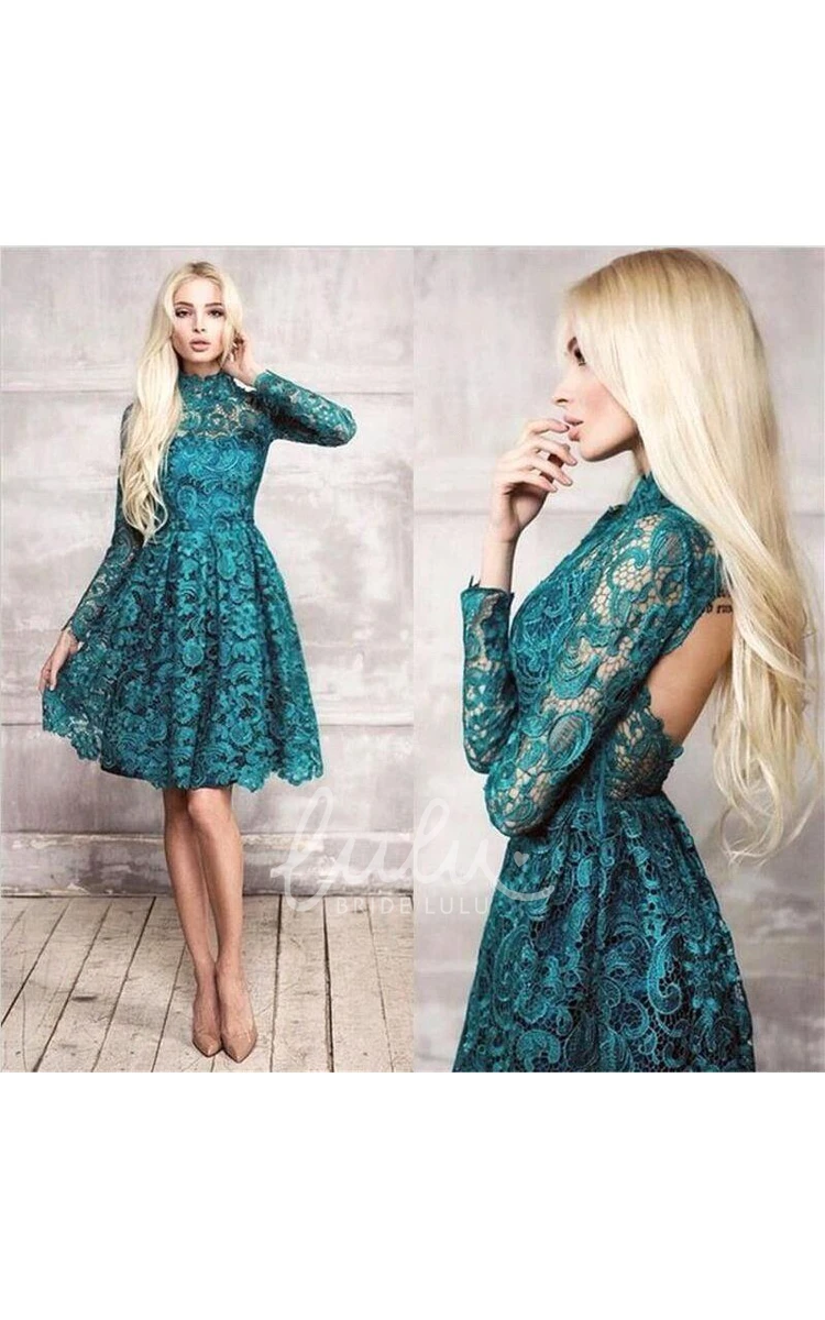 Lace High Neck Knee Length Formal Dress with Backless and Long Sleeves