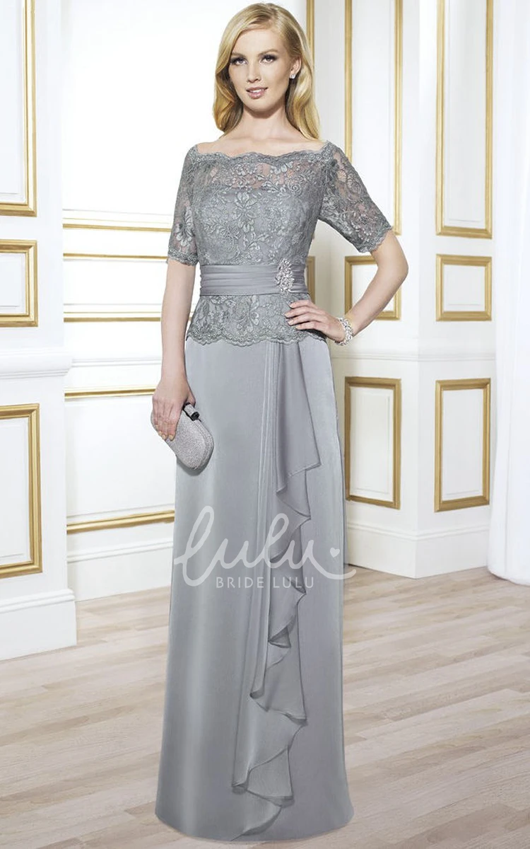 Short Sleeve Appliqued Chiffon Prom Dress with Bateau Neck