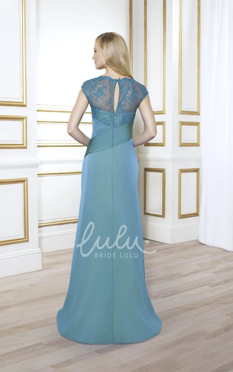 Floor-Length V-Neck Satin Dress With Cap-Sleeves and Draping